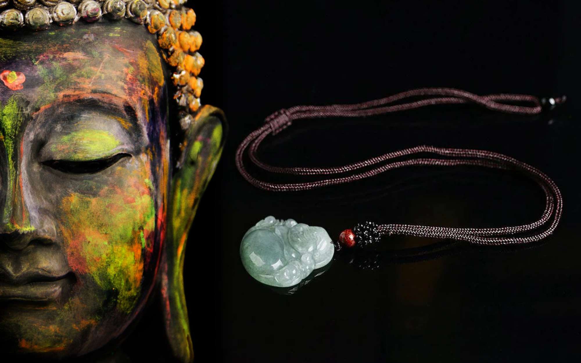 Collier Bouddha En Pierres Naturelles - Aventurine, Quartz Blanc, Ambre Et Pierre Noire