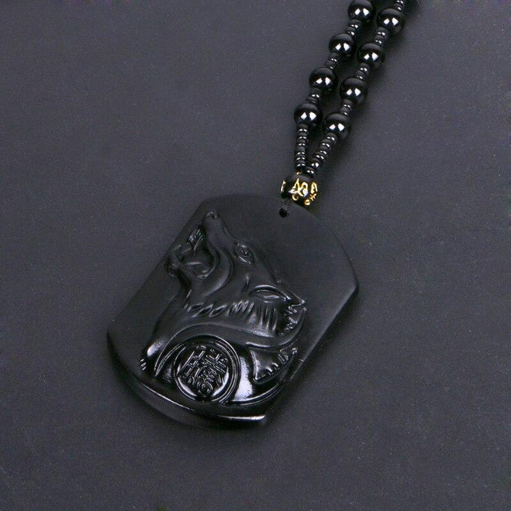 Collier de protection avec pendentif de loup en obsidienne noire - Karma et Moi