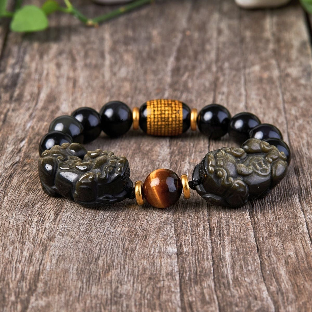 Bracelet double Pixiu en obsidienne dorée naturelle - Karma et Moi