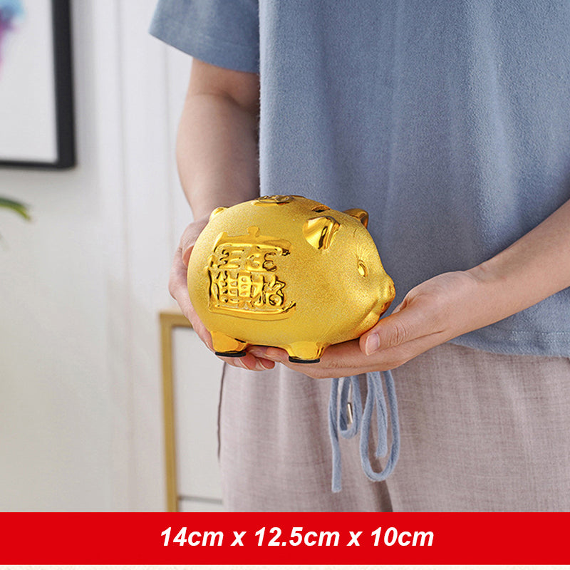 Tirelire Cochon En Céramique Dorée – Porte-bonheur Chinois – Avec Bouchon De Vidange – Ouverture Pour Pièces Et Billets – Idée Cadeau Originale - 3