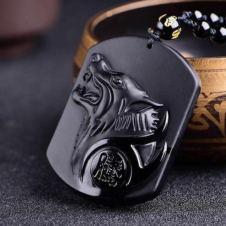 Collier de protection avec pendentif de loup en obsidienne noire - Karma et Moi