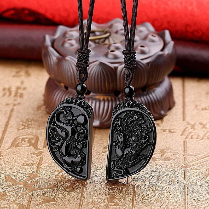 Collier en forme de demi-cœur pour les couples - Parure de pendentifs dragon et phénix en obsidienne - Karma et Moi