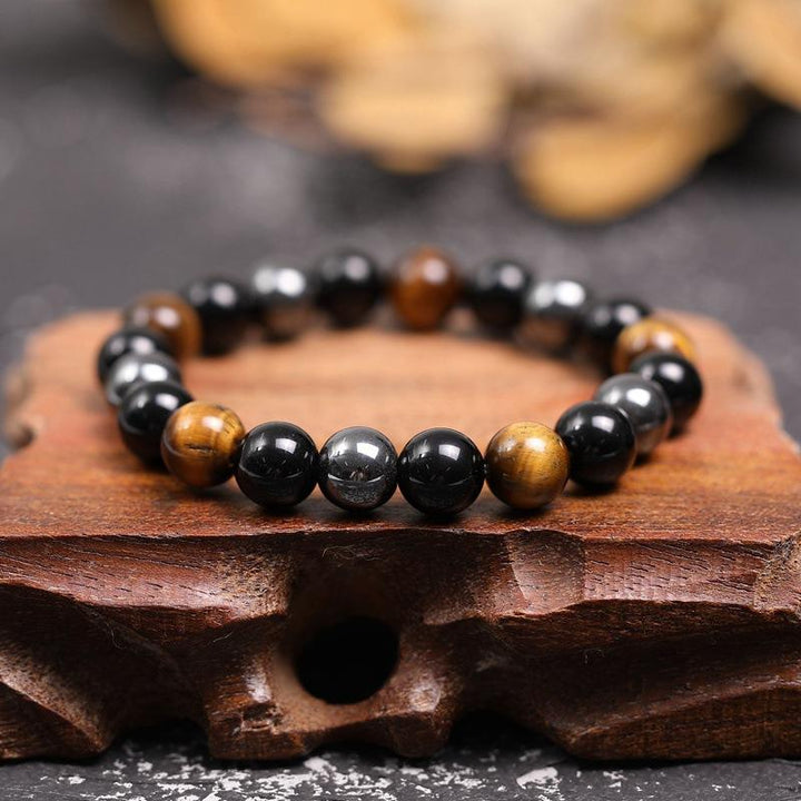 Bracelet de triple protection en obsidienne noire, hématite et œil de tigre - Karma et Moi