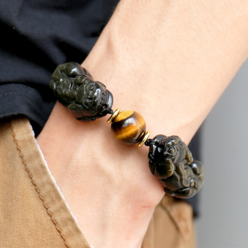 Bracelet double Pixiu en obsidienne dorée naturelle - Karma et Moi