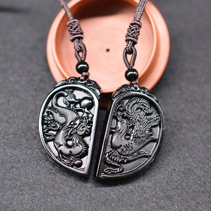 Collier en forme de demi-cœur pour les couples - Parure de pendentifs dragon et phénix en obsidienne - Karma et Moi