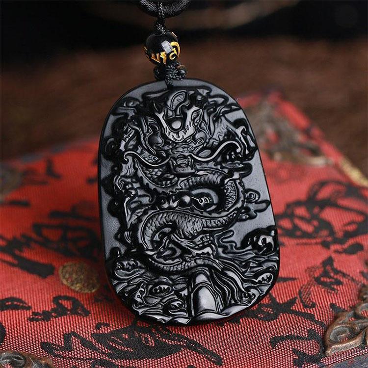 Collier de dragon en obsidienne noire naturelle - Protection, chance et succès - Karma et Moi