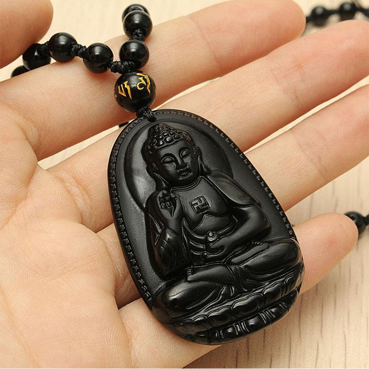 Collier de Bouddha en obsidienne noire - Protection et courage - Karma et Moi