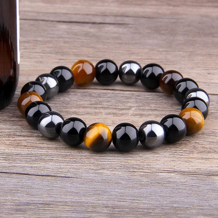 Bracelet de triple protection en obsidienne noire, hématite et œil de tigre - Karma et Moi