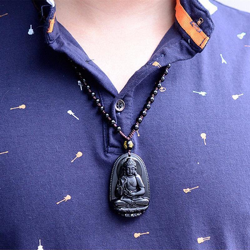 Collier de Bouddha en obsidienne noire - Protection et courage - Karma et Moi