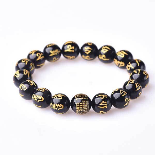 Bracelet Mantra Mani perles en obsidienne fait main - Karma et Moi