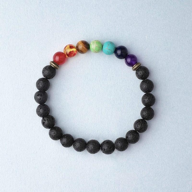 Bracelet en pierre volcanique avec 7 pierres de chakra - Diffuseur d'huiles essentielles - Karma et Moi