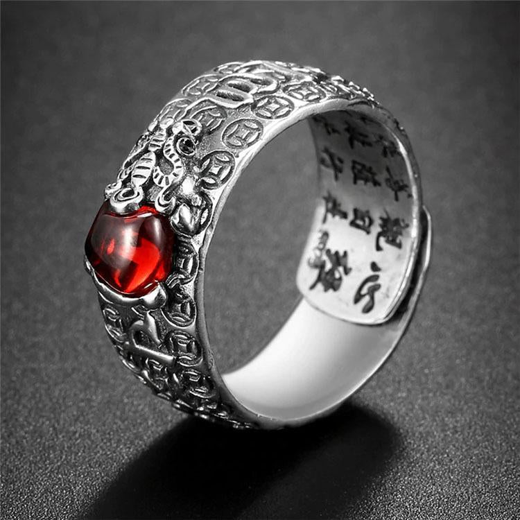 Bague Pixiu en grenat naturel - Bague de richesse Feng Shui - Karma et Moi