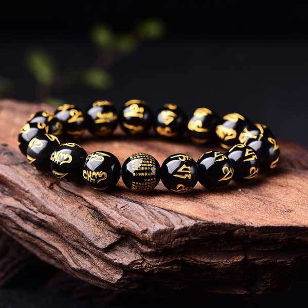 Bracelet Mantra Mani perles en obsidienne fait main - Karma et Moi