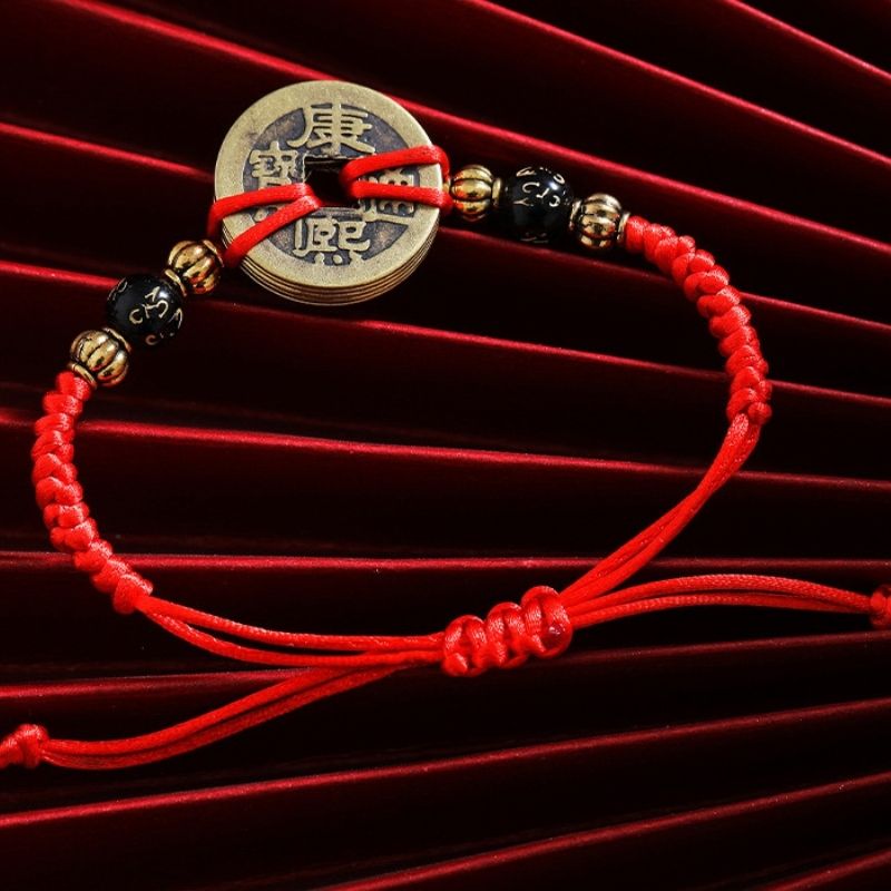 Bracelet de pièces chinoises porte-bonheur - Cinq pièces Feng shui de l’empereur - Karma et Moi