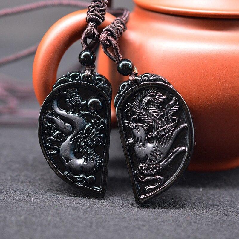 Collier en forme de demi-cœur pour les couples - Parure de pendentifs dragon et phénix en obsidienne - Karma et Moi