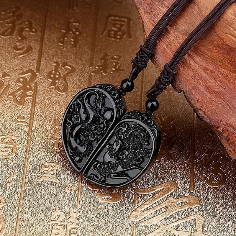 Collier en forme de demi-cœur pour les couples - Parure de pendentifs dragon et phénix en obsidienne - Karma et Moi