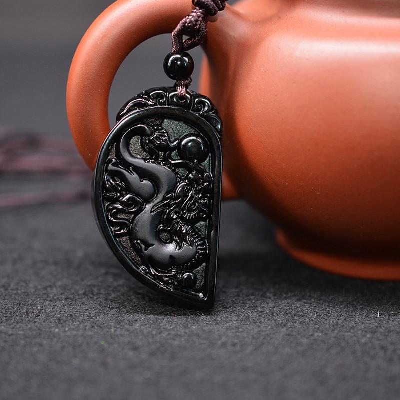 Collier en forme de demi-cœur pour les couples - Parure de pendentifs dragon et phénix en obsidienne - Karma et Moi