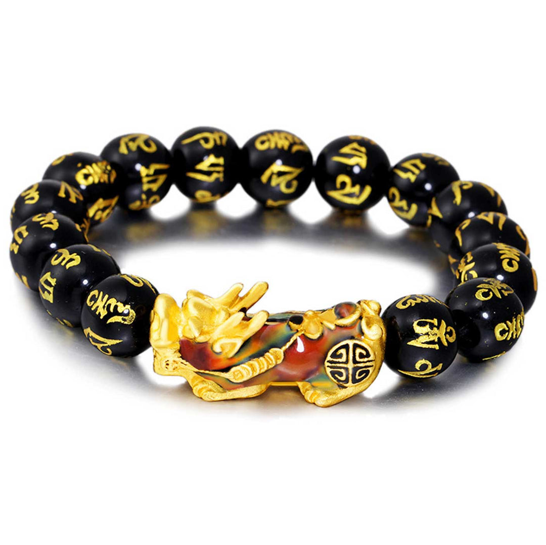 Bracelet d'abondance en obsidienne noire Pixiu mantra Mani - Karma et Moi