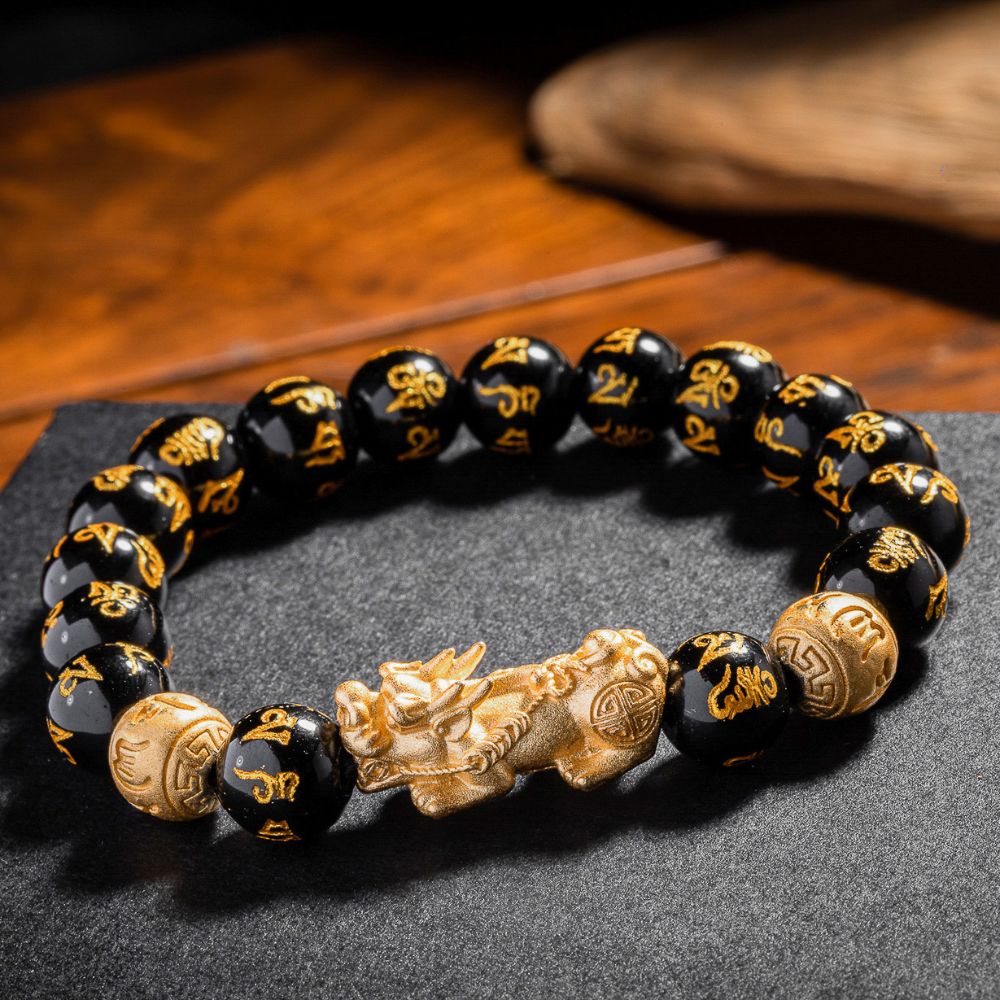 Bracelet obsidienne noire bracelet Feng Shui avec Pixiu - "Richesse"