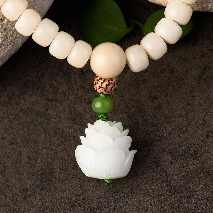 Mala avec graines de Bodhi en jade blanc - Bracelet/collier de 108 perles - Karma et Moi