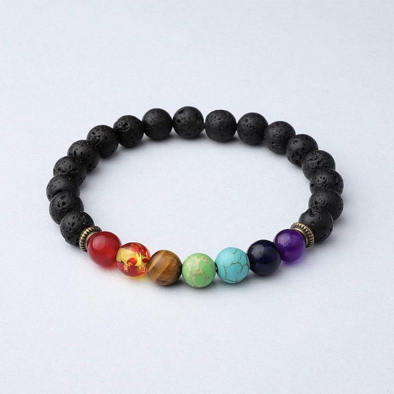 Bracelet en pierre volcanique avec 7 pierres de chakra - Diffuseur d'huiles essentielles - Karma et Moi