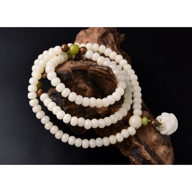 Mala avec graines de Bodhi en jade blanc - Bracelet/collier de 108 perles - Karma et Moi