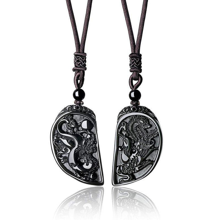 Collier en forme de demi-cœur pour les couples - Parure de pendentifs dragon et phénix en obsidienne - Karma et Moi