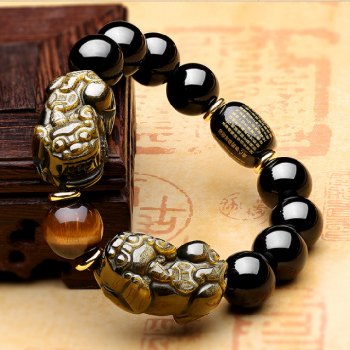 Bracelet double Pixiu en obsidienne dorée naturelle - Karma et Moi