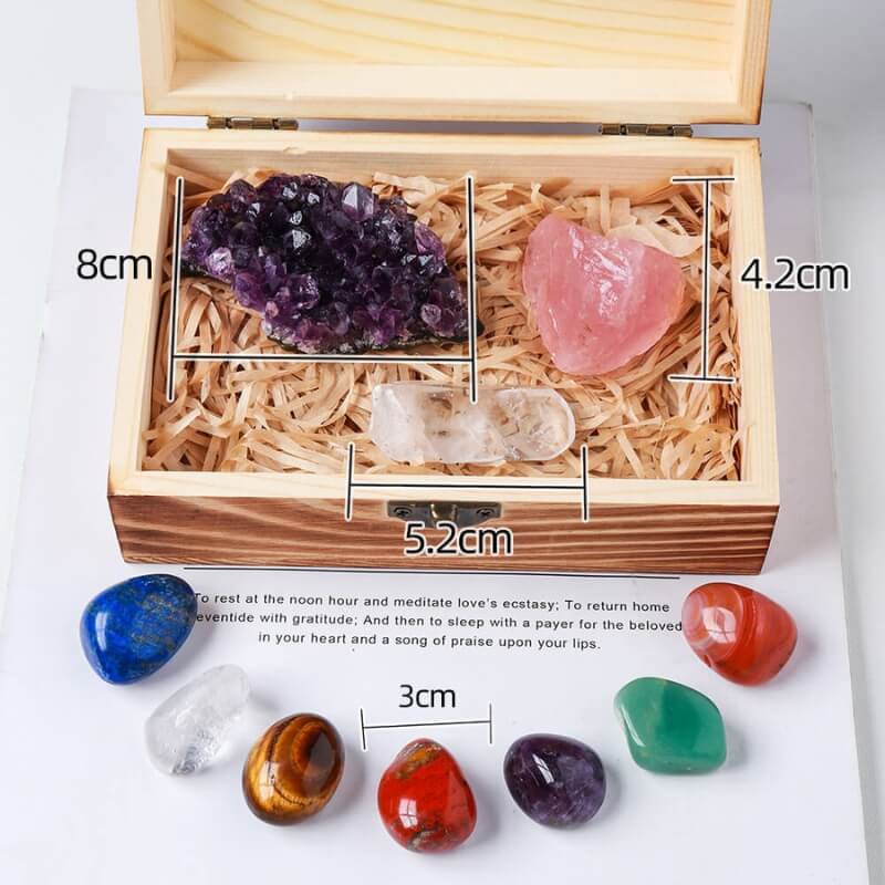 Coffret de cristaux - Ensemble de 7 pierres de chakra, quartz rose et améthyste - Karma et Moi