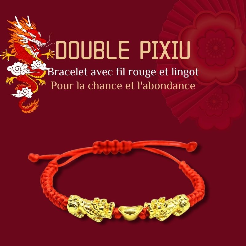 Bracelet double Pixiu lingot et fil rouge porte-bonheur - Karma et Moi