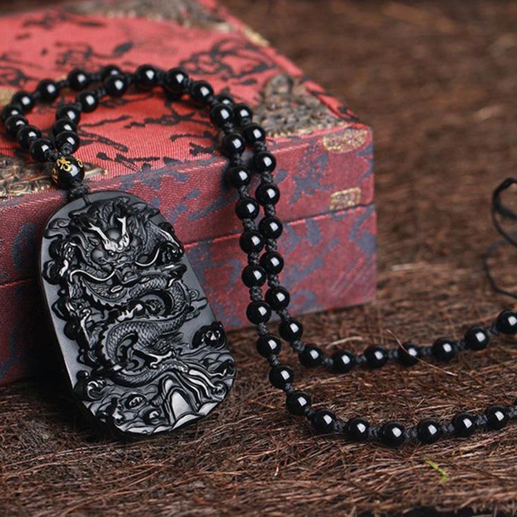 Collier de dragon en obsidienne noire naturelle - Protection, chance et succès - Karma et Moi