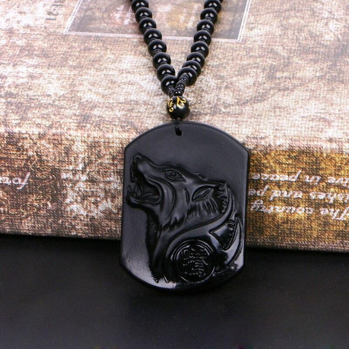 Collier de protection avec pendentif de loup en obsidienne noire - Karma et Moi