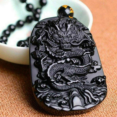 Collier de dragon en obsidienne noire naturelle - Protection, chance et succès - Karma et Moi