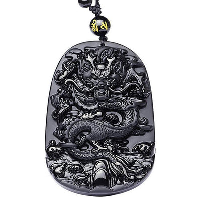 Collier de dragon en obsidienne noire naturelle - Protection, chance et succès - Karma et Moi