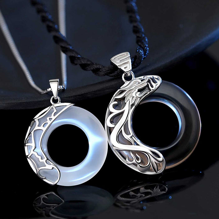 Collier de couple Dragon et Phénix - Pendentifs de protection en obsidienne et en opale - Karma et Moi