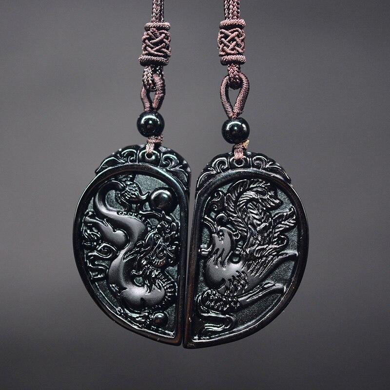 Collier en forme de demi-cœur pour les couples - Parure de pendentifs dragon et phénix en obsidienne - Karma et Moi