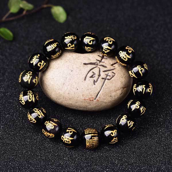 Bracelet Mantra Mani perles en obsidienne fait main - Karma et Moi