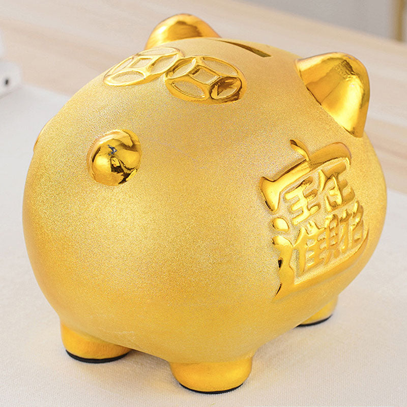Tirelire de cochon chinois en céramique dorée - Attire la richesse